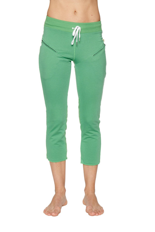 Women’s bamboo green 4/5 length capri yoga pant with white drawstring waistband and side zipper pockets