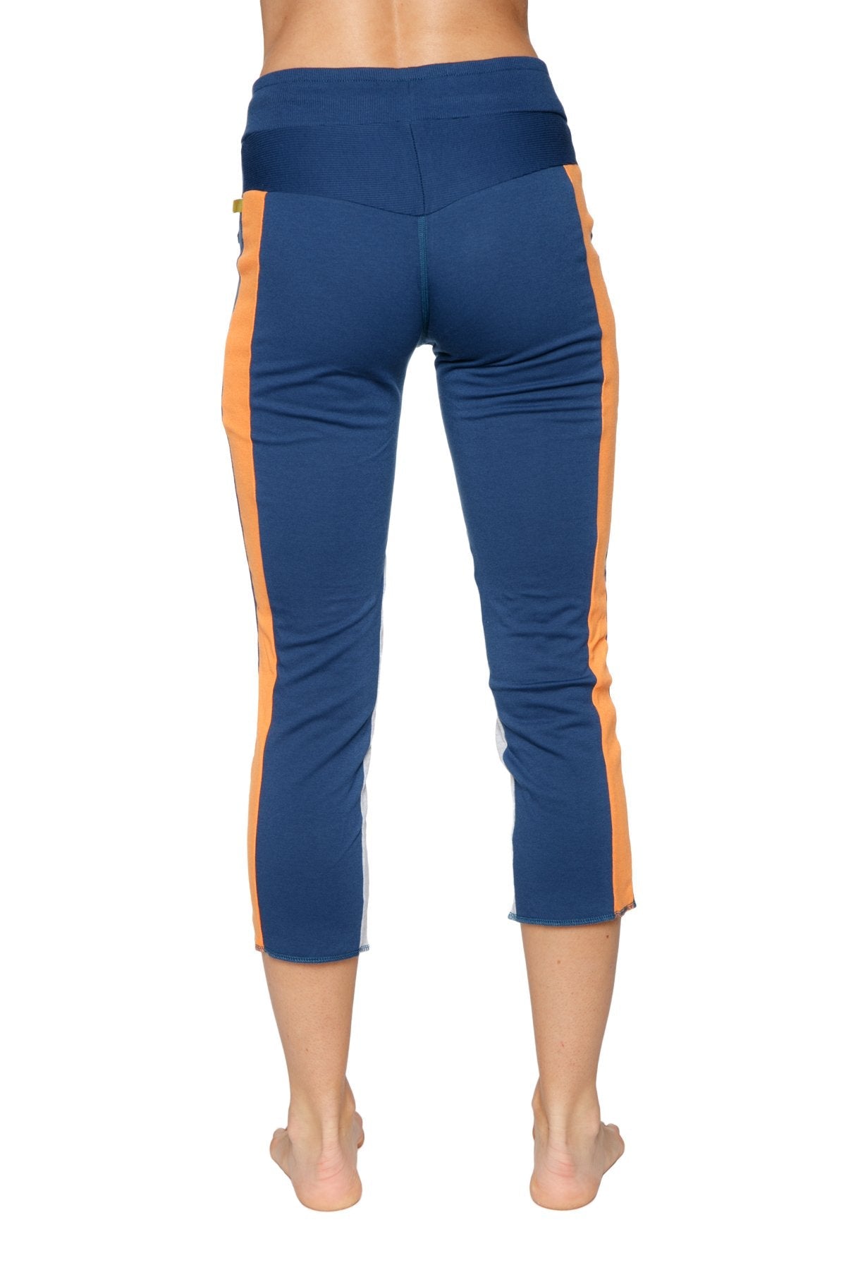 Women’s royal blue orange and grey 4/5 length high-waisted capri yoga pants with zipper pockets