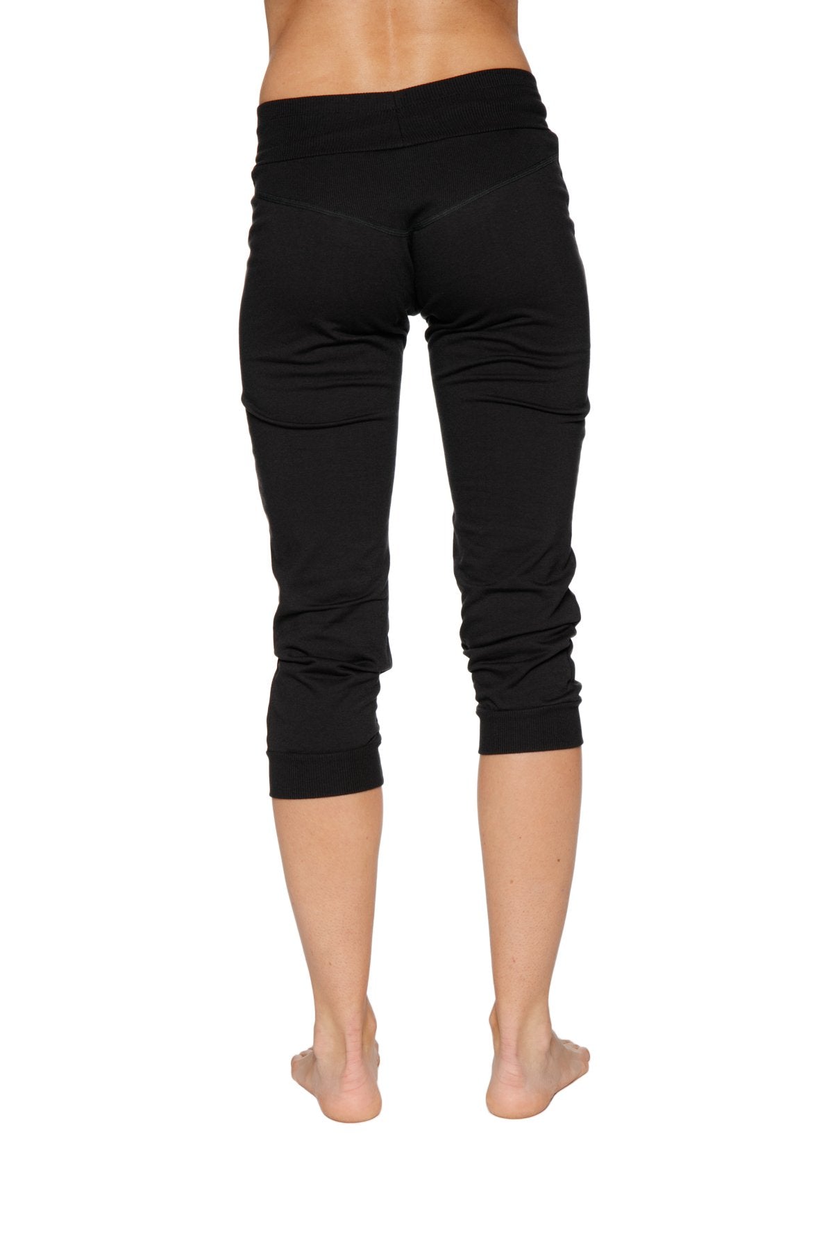 Women’s cuffed jogger yoga pant in solid black with soft stretchy fabric and elastic waistband for comfort