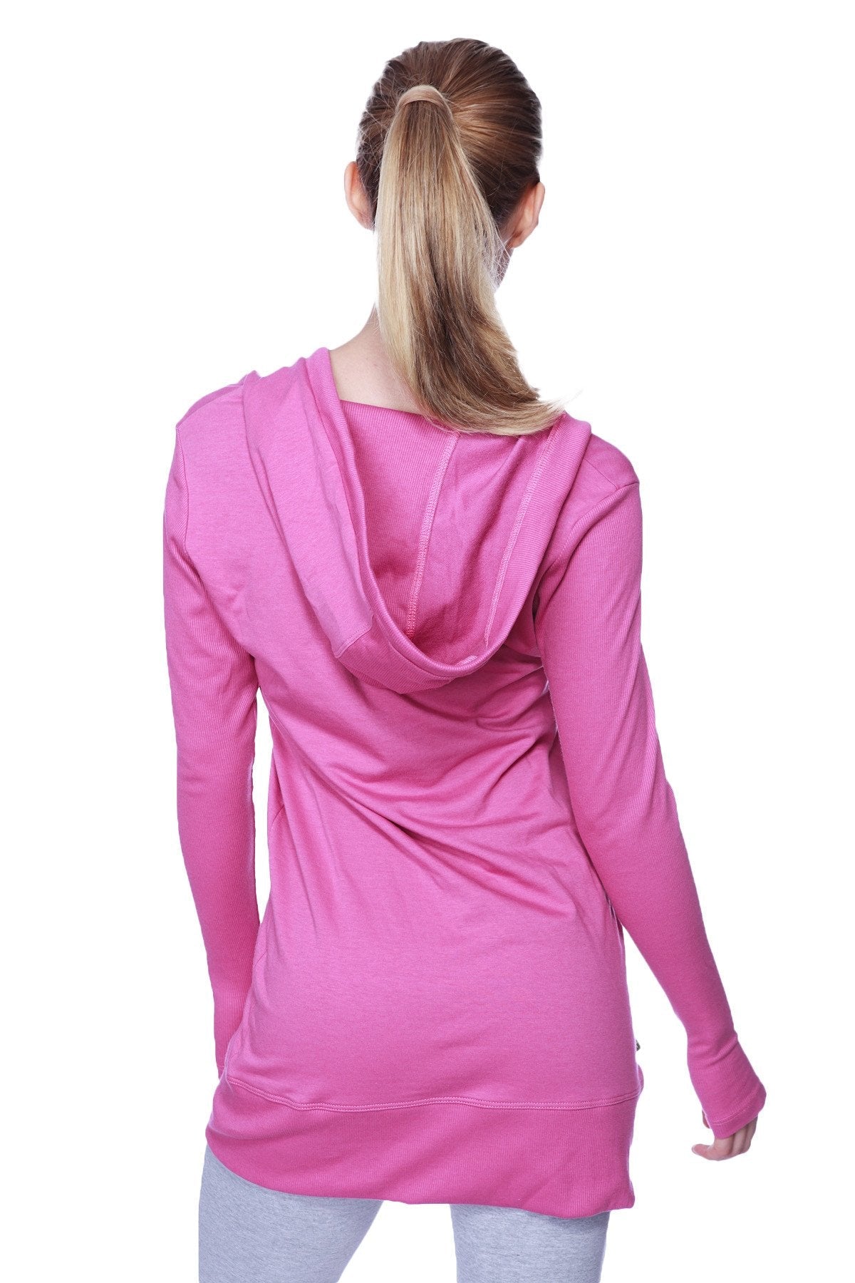 Women’s long body hoodie top in solid berry pink with ribbed cuffs and relaxed fit long sleeves