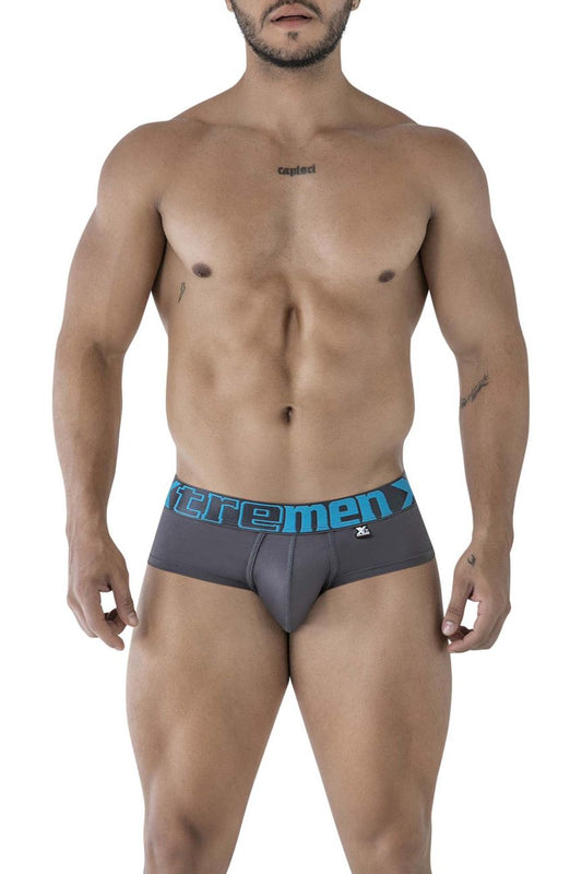 Gray Xtremen 41316 microfiber men’s briefs with blue elastic waistband featuring bold extrememen logo