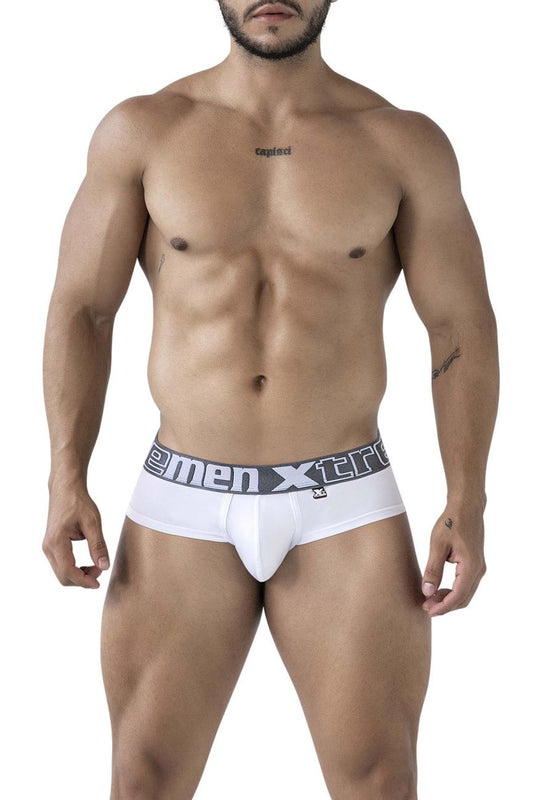 White xtremen 41316 microfiber briefs with gray waistband featuring xtreme logo and xc emblem