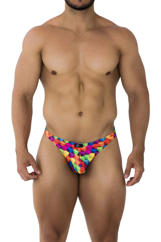 Xtremen 91171 printed thongs color cubes vibrant rainbow geometric patterned men’s briefs front view cotton blend