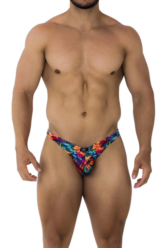 Vibrant multicolored floral-patterned Xtremen 91172 printed bikini thong in stretchy fabric color fire shown from back