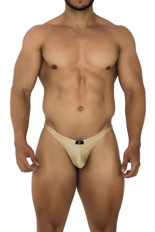 Beige microfiber thong with small black logo on front from xtremen 91178 micro thong collection gold color