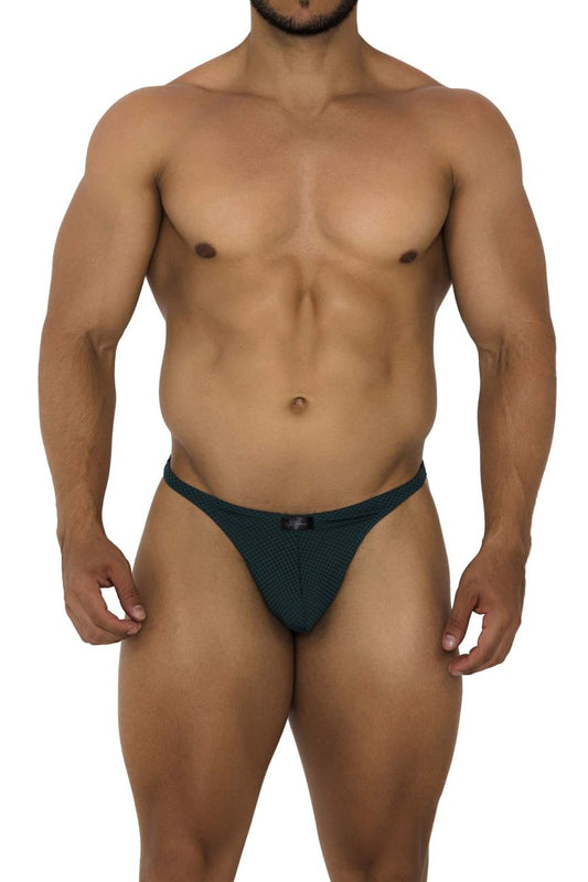 Dark green xtremen 91185 mesh thong with a small black button at the front made of breathable mesh fabric