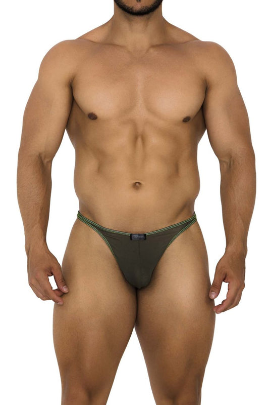 Dark olive green Xtremen 91189 tulle mesh thong with neon green trim and black brand tag at waistband