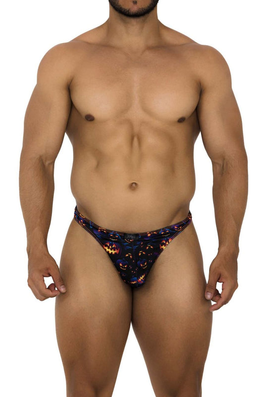 Black thong with vibrant orange and yellow halloween pumpkin print from xtremen 91194 printed thongs collection