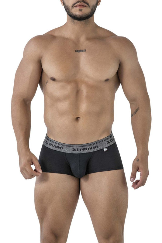 Black xtremen 91205b cotton blend men’s briefs with gray elastic waistband featuring brand name and logo