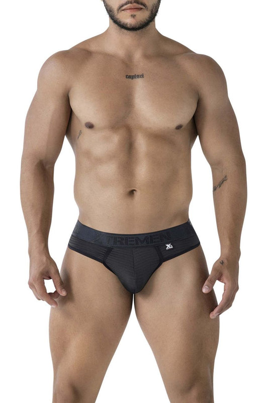 Black xtremen 91211b microfiber thongs with dark gray waistband featuring tremen logo and brand name