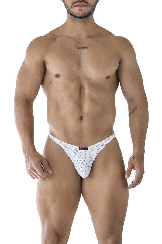 White xtremen 91214b microfiber thong with perforated mesh and black brand tag on waistband