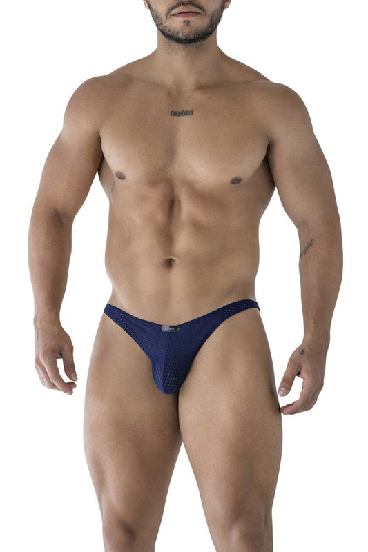 Navy blue microfiber mesh thong bikini with a small logo on the front band xtremen 91215b micro bikini