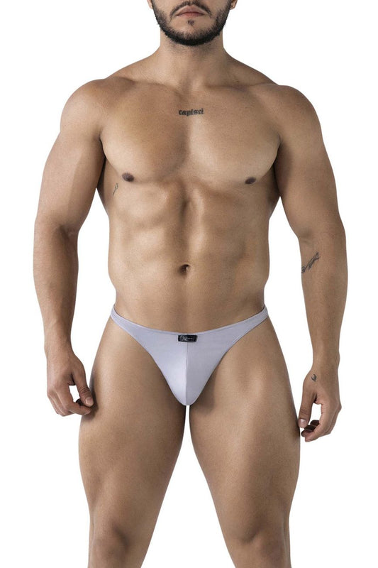 White form-fitting microfiber thong with subtle brand logo on waistband in gray xtremen 91217 design back view