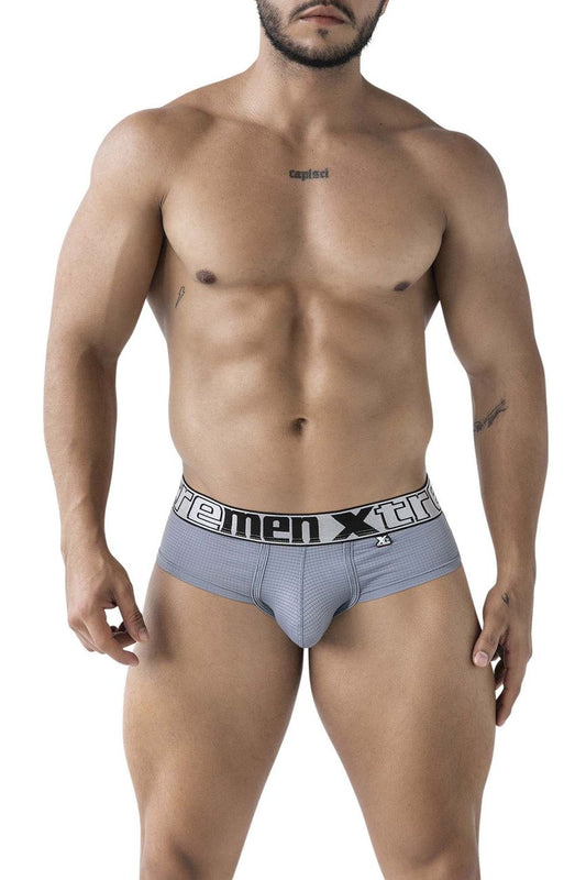 Gray xtremen 91221 microfiber briefs with textured fabric and black and white branded waistband for men