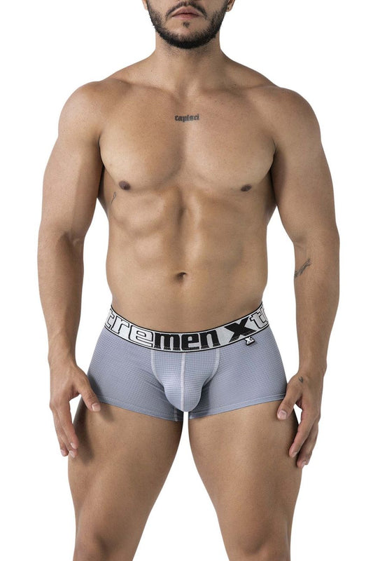Gray xtremen 91222 microfiber men’s boxer briefs with textured fabric and black and white branded waistband