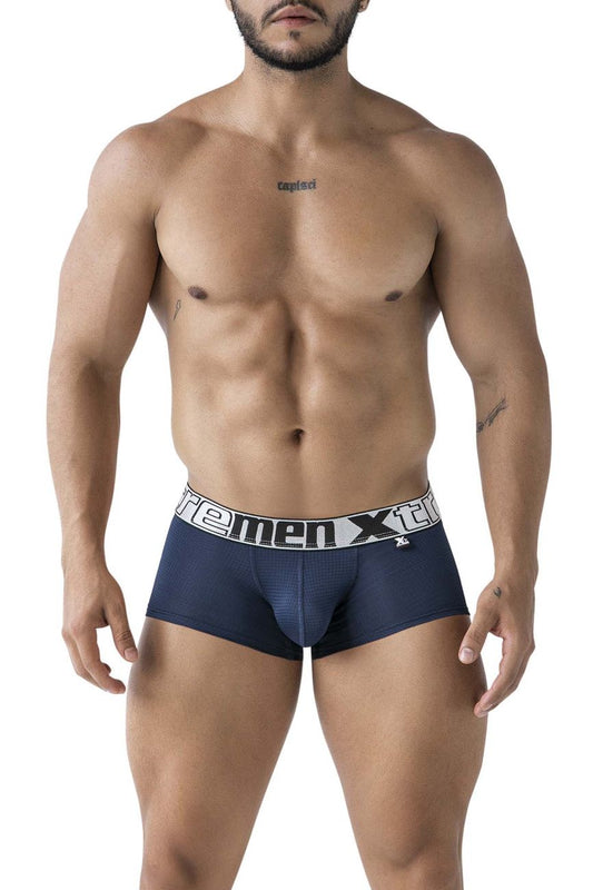 Navy xtremen 91222 microfiber trunks with white elastic waistband featuring xtreme men logo and brand emblem