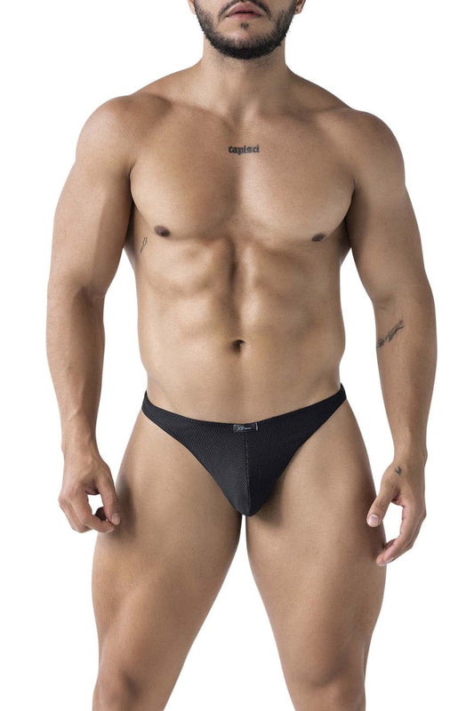 Black xtremen 91223 microfiber thong briefs with subtle textured mesh pattern and small logo on waistband