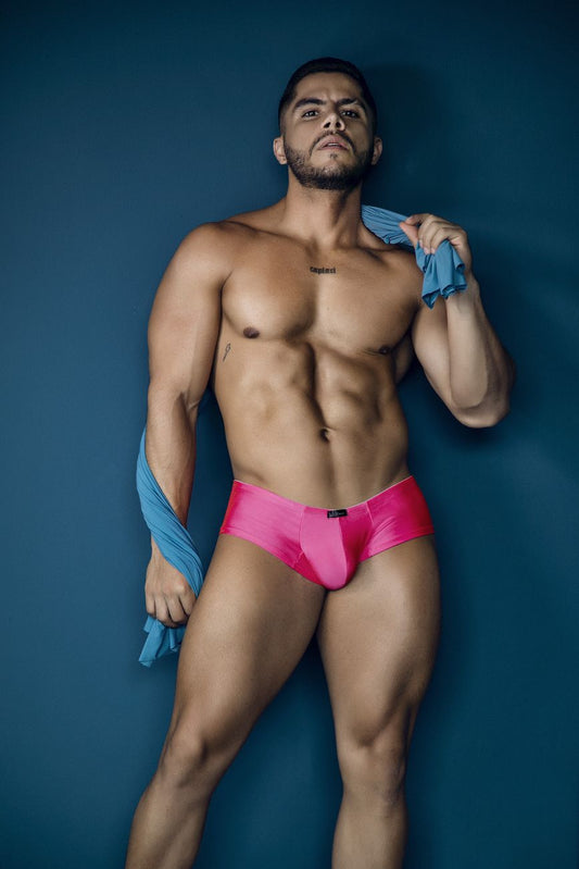Vibrant pink satin microfiber briefs xtremen 91234 with sleek form-fitting design and small black brand tag at waistband