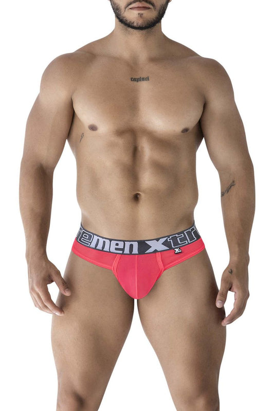 Bright pink xtremen 91235 microfiber men’s briefs with a black and white branded xtreme waistband