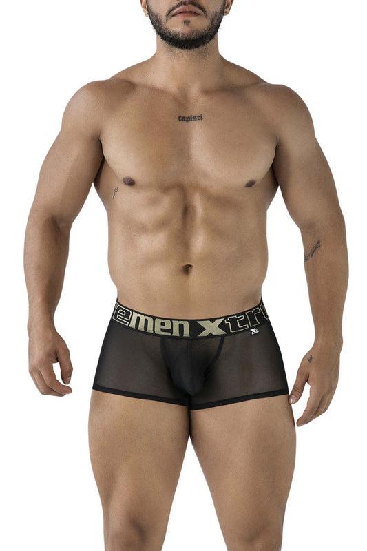 Black sheer men s boxer briefs with a black elastic waistband featuring men xtra logo in white microfiber trunks