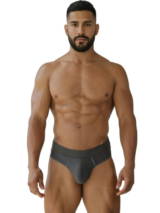 Dark gray xtremen 91268 microfiber mesh athletic briefs with contoured design and perforated detailing on front