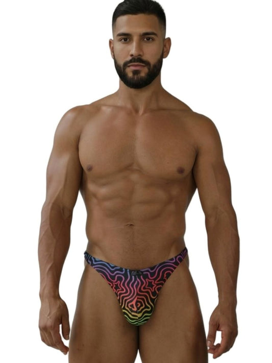 Xtremen 91284 printed microfiber thong with vibrant psychedelic rainbow gradient and starburst patterns