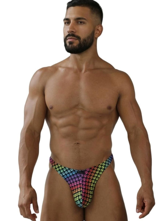Xtremen 91284 printed microfiber thong in rainbow with small repeating skull pattern for bold style