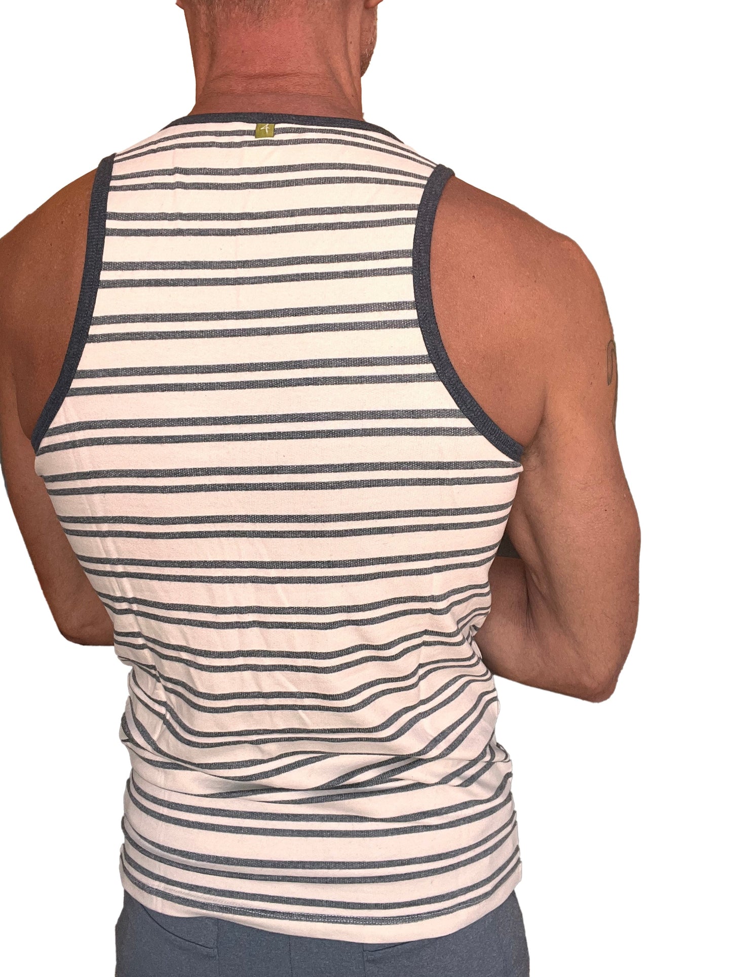 A men’s dark gray stripe nautical fleece sustain tank top with cream horizontal stripes and ribbed neckline and armholes
