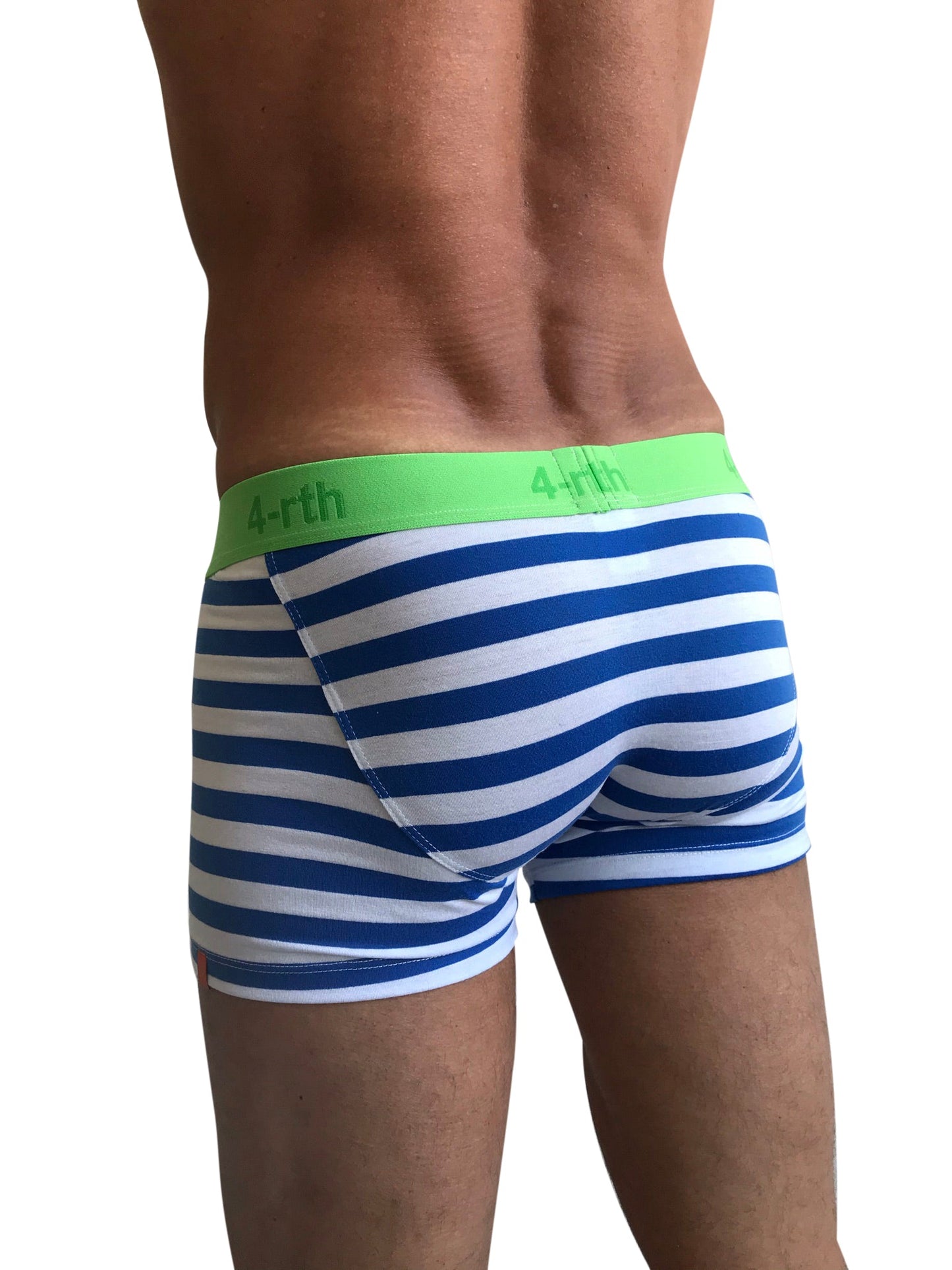 Blue and white striped 4-rth zen boxer brief with bright green waistband in nautical blue stripe design