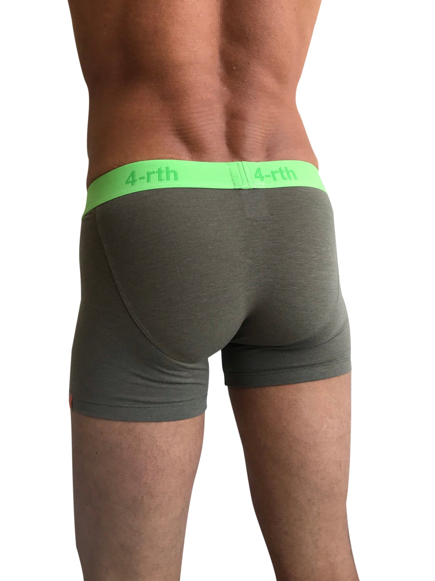 Olive green zen boxer briefs with neon lime 4-rth logo waistband designed for comfort and support
