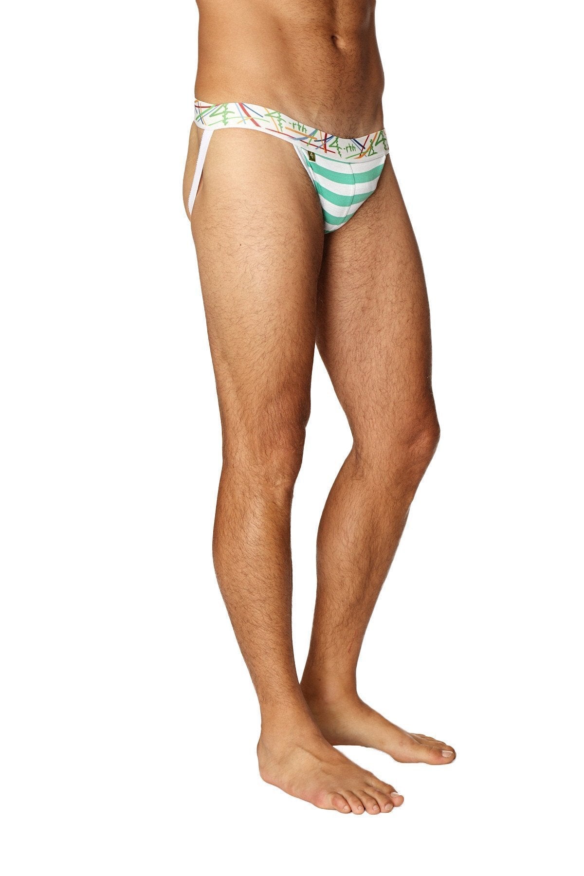 Men’s zen jock strap briefs with green and white stripes and a colorful patterned waistband in nautical green stripe