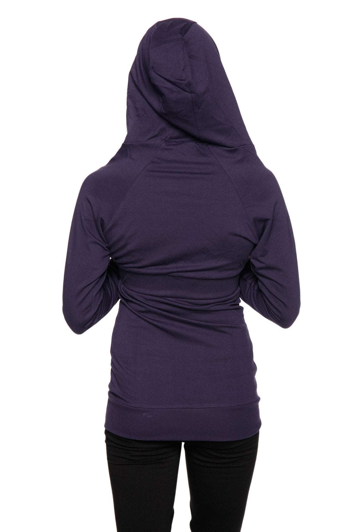 A dark purple zip-up long body travel hoodie jacket with long sleeves a hood and gathered waistband