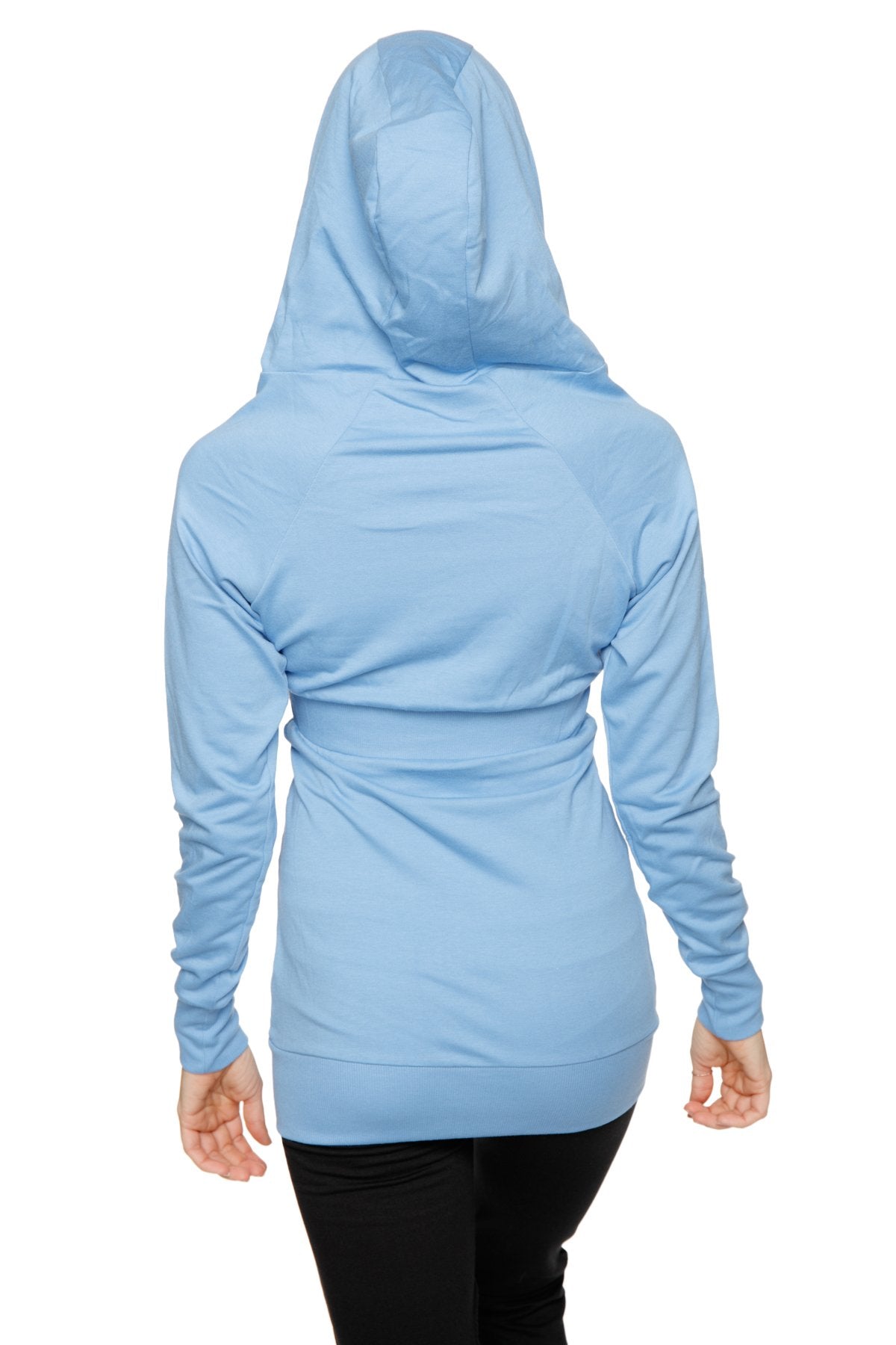 Light blue zip-up long body travel hoodie jacket with relaxed fit and ribbed cuffs for comfortable wear