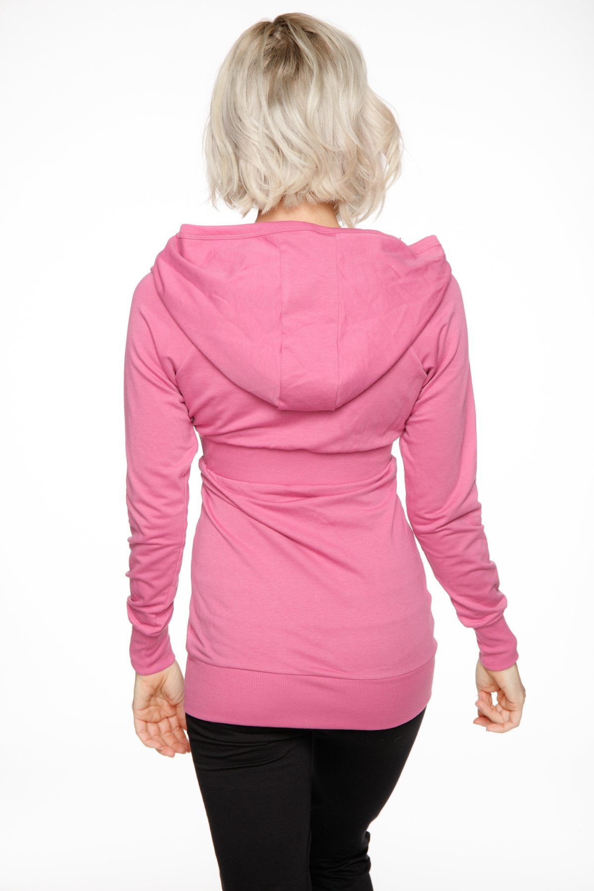 A berry pink zip-up long body travel-ready hoodie with soft fabric ribbed cuffs and a relaxed fit