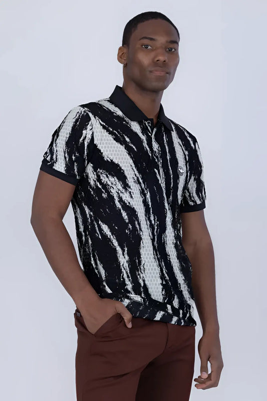 Black and white abstract polo shirt with textured mesh design on the torso for a modern casual look