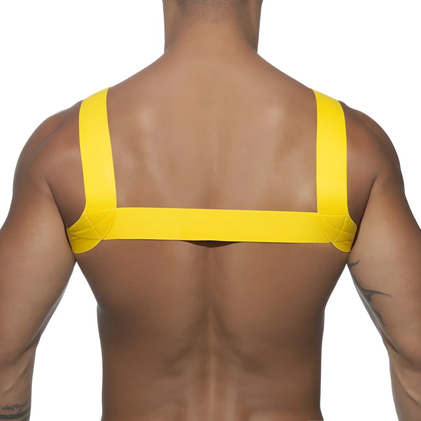 Bright yellow wide-strap back support band of ad basic harness designed for comfortable posture correction