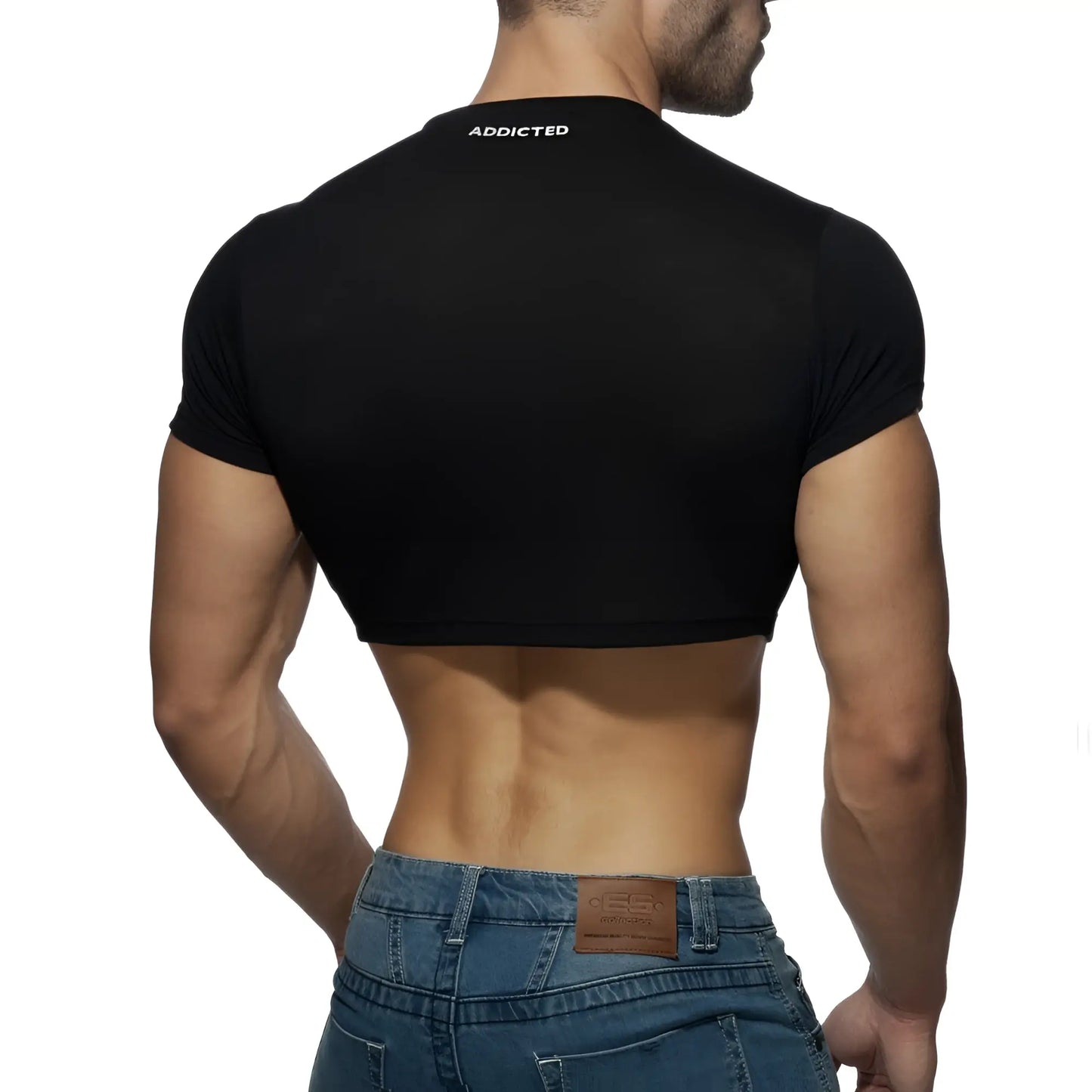 Black short-sleeved crop top with addicted branding at the neckline perfect for casual wear