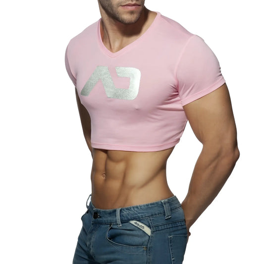 Pink cropped v-neck t-shirt with silver metallic logo featuring ad crop top design for casual wear