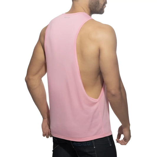A pink sleeveless muscle tank top with a deep back cutout shown from the back titled ad logo low rider