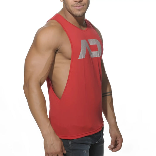 Red muscle tank top ad logo low rider with silver logo and side cutout for stylish activewear look