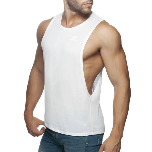 White muscle tank top ad low rider with distinctive side cutout designed for casual wear