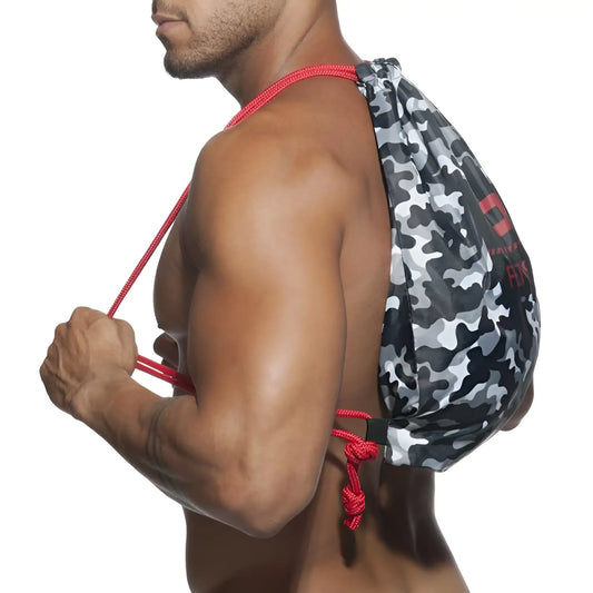 Addicted camo backpack bag charcoal with black and gray camouflage drawstring and red rope handles in one size