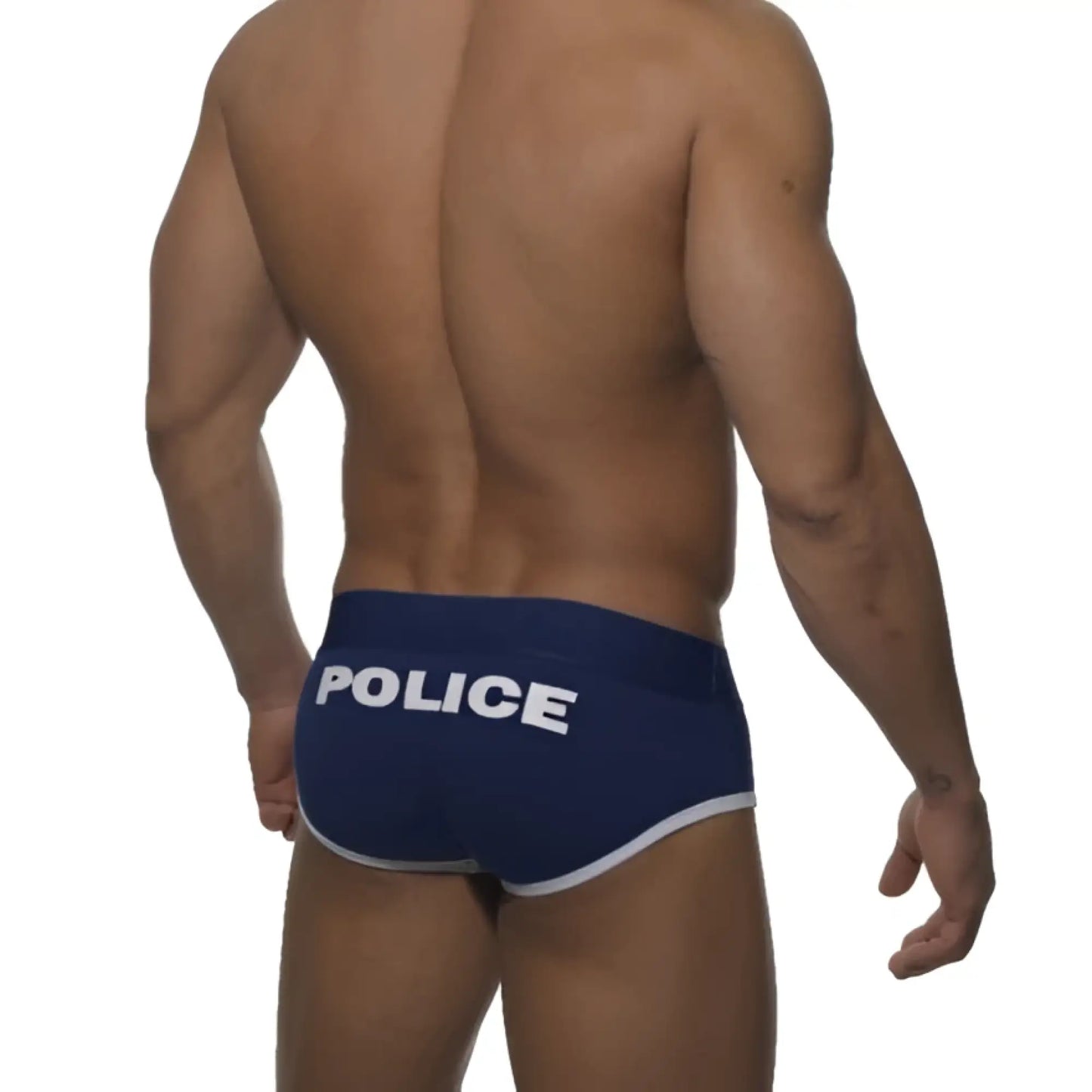 Navy blue briefs with white trim and police printed on the waistband made by addicted in size medium