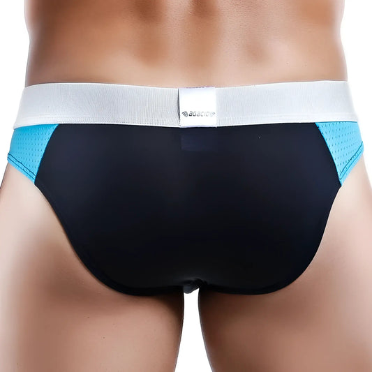 Agacio AG6807 bikini brief in black and teal with white elastic waistband featuring agacio brand label