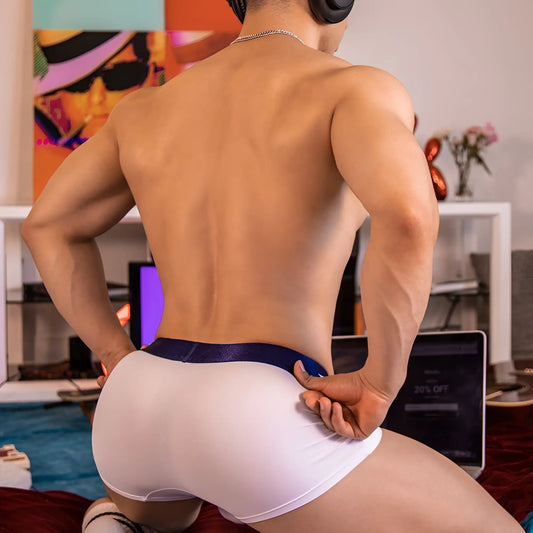 White athletic briefs with navy blue elastic waistband agacio agg062 pouch boxer trunk for comfortable support