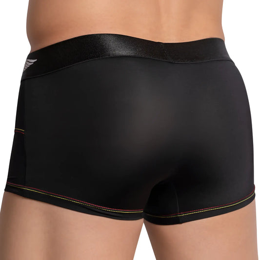 Black mens briefs agacio agg065 bulgy box boxer trunk with shiny elastic waistband and red yellow green stitching