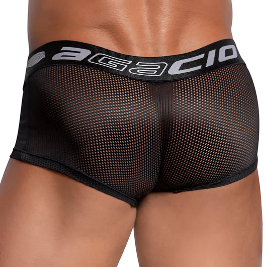 Black sheer sides boxer trunk briefs with mesh fabric and black elastic waistband featuring agacio logo in silver