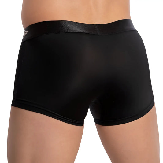 Black men’s briefs agacio agg073 strapped piping boxer trunk with sleek satin waistband and subtle logo in black