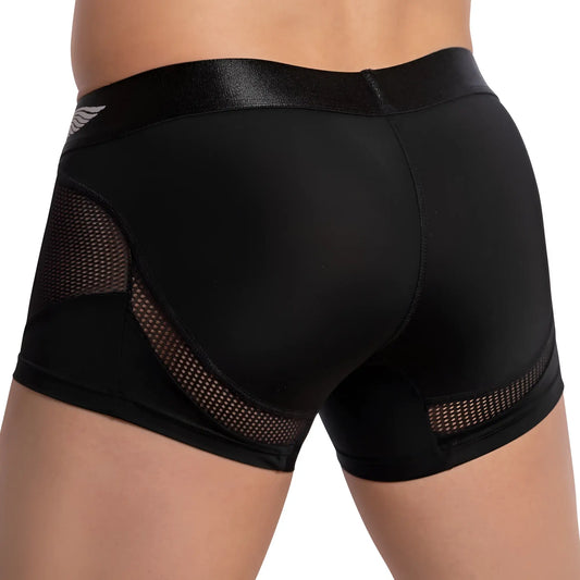 Black Agacio AGG074 athletic mesh boxer trunk with breathable panels and shiny waistband featuring white wing logo