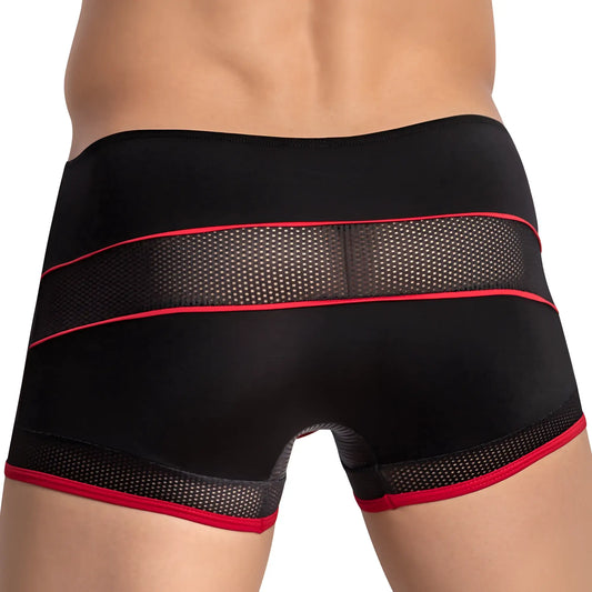 Black athletic briefs with red trim and mesh panels featuring agacio AGG076 sturdy bulge pouch boxer trunk design